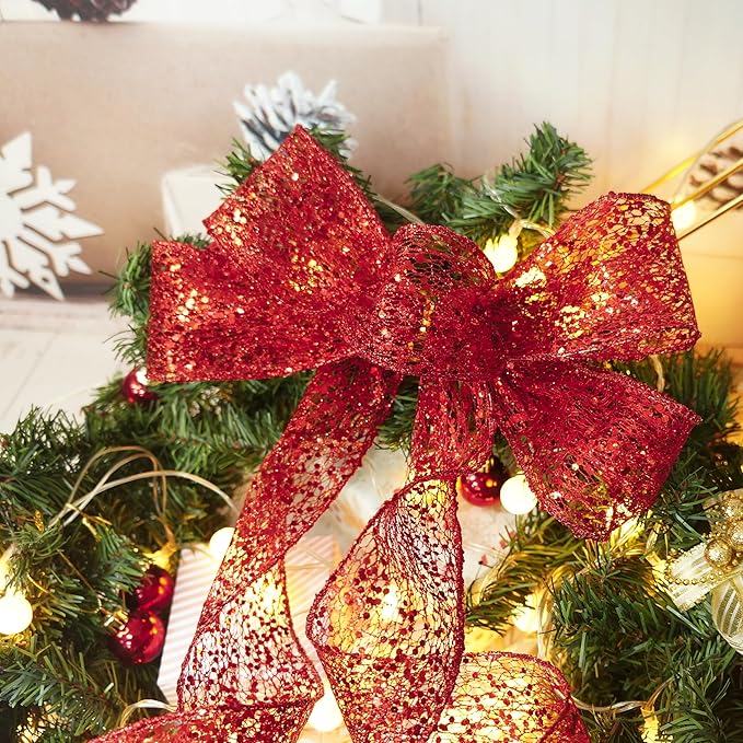 CT CRAFT LLC Sparkling Glitter Mesh Wired Ribbon 2.5" x 10 Yards Red - Image 3