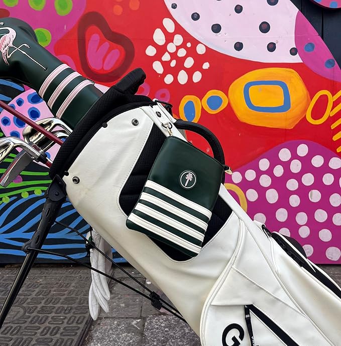 PINKTEE Golf Valuables Pouch Premiun Leather Tee Bag Funny Golf Accessories Organizer with Zipper Master Green for Women Men (CASINO QUEEN, White stripe)