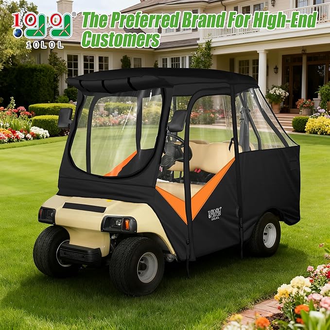 10L0L Golf Cart Driving Enclosure for Club Car DS, 2+2 Passenger Short Roof, Waterproof Windproof Heavy Duty 600D Rain Cover with 4-Sided Clear Windows & Durable Door Zipper, All-Weather Protection