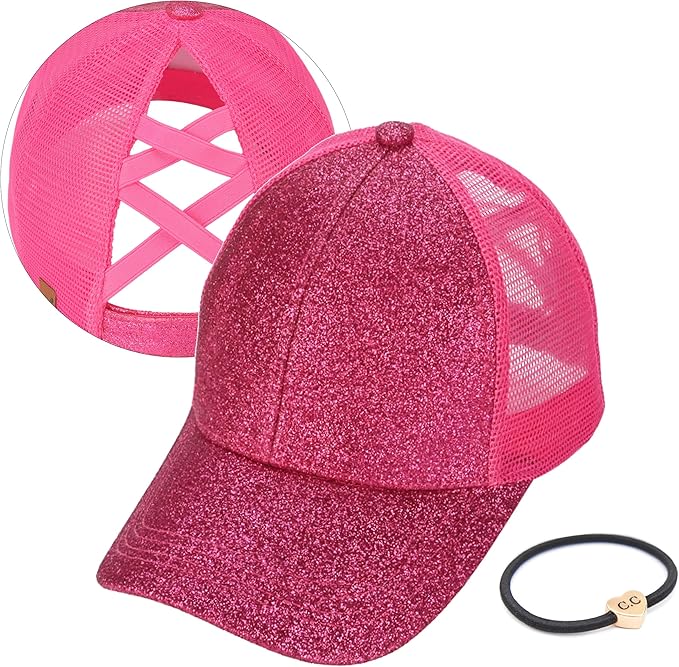 C.C Ponycap Messy High Bun Ponytail Adjustable Glitter Mesh Trucker Baseball Cap