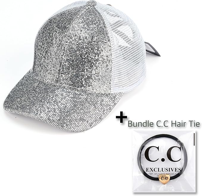 C.C Ponycap Messy High Bun Ponytail Adjustable Glitter Mesh Trucker Baseball Cap