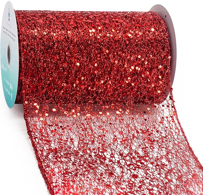 CT CRAFT LLC Sparkling Glitter Mesh Wired Ribbon 6" x 10 Yards Red by CTCRAFTLLC