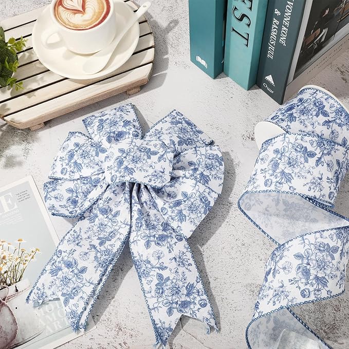 Generic AnyDesign Floral Wired Edge Ribbon Blue Flower Craft Ribbon Chinoiserie - Image 4