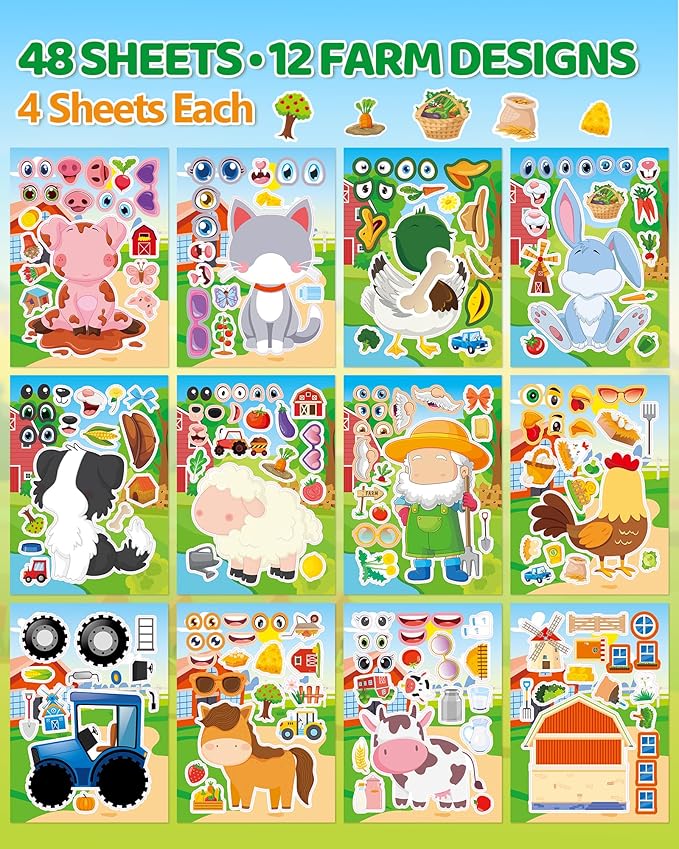 Aowplc 48 Sheets Farm Animal Make‑a‑Face Stickers - Image 2