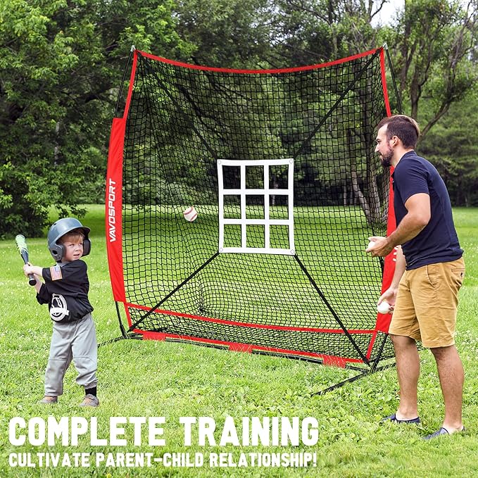 7x7' Baseball & Softball Net for Batting Pitching Hitting - Large Ball Collection System, Portable Baseball Training Equipment with Strike Zone, Tee, Ball Caddy, for Adult Sport,Youth Practice