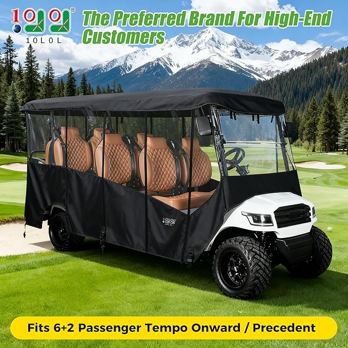 10L0L 2/4/8 Passenger Golf Cart Enclosure for Club Car Precedent/Tempo/Onward, 600D Waterproof Golf Cart Rain Cover, Driving Enclosure with 4-Sided Clear Windows Roll-up Door Black -Roof 58"-141"
