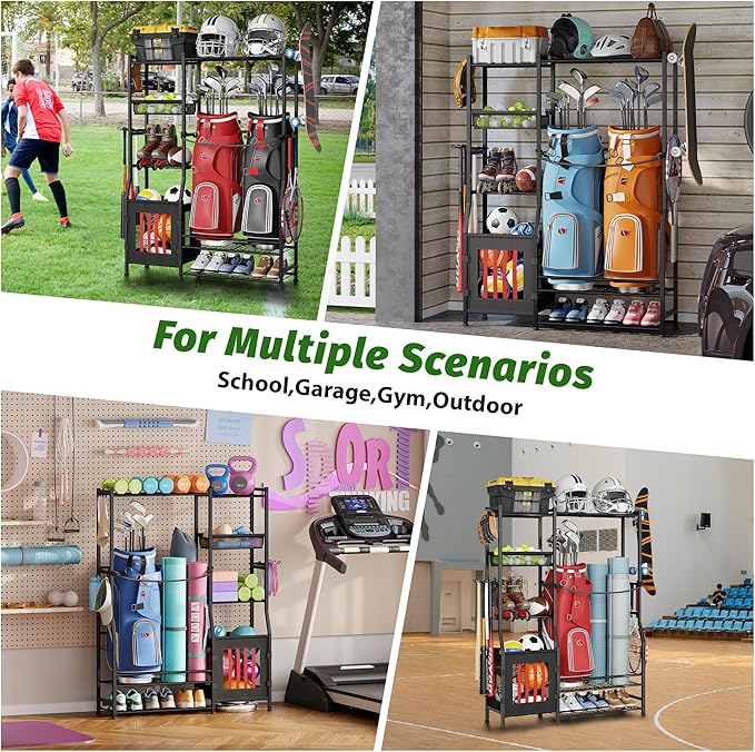 Sonyabecca Garage Sports Equipment Organizer, Golf Bag Storage Rack, Organizer for 2 Golf Bag, Indoor/Outdoor Ball Storage Bins for Toy Sports Gear Storage, Ideal for Home, Garage, Club, Basement