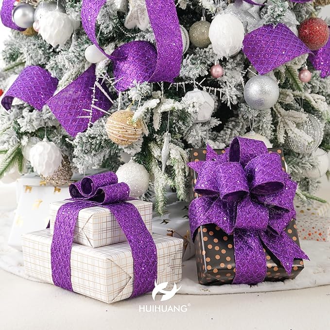 HUIHUANG Purple Wired Christmas Ribbon 4 inch Purple Glitter Wired Ribbon - Image 4