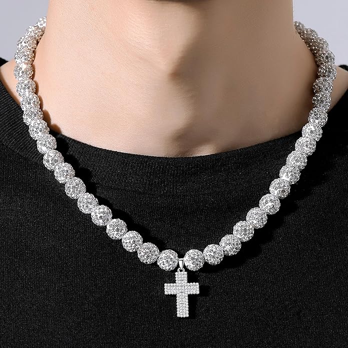 QINJIEJIE Baseball Necklace for Men Glitter Bling Rhinestone Beaded Collection Necklace for Women 16/18in Inspired Sports Jewelry Baseball Chain Cool Gifts for Baseball Players Team Lovers