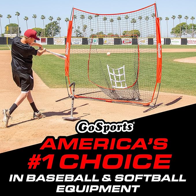 GoSports 7 ft x 7 ft Baseball & Softball Nets - Red, Black, or PRO -Practice Hitting & Pitching Net with Bow Type Frame, Carry Bag and Strike Zone, Great for All Skill Levels