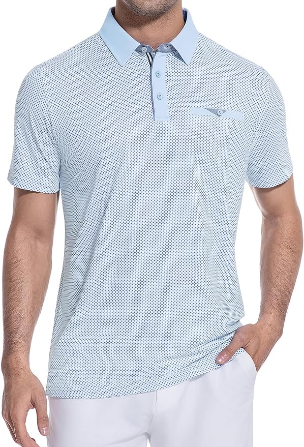 Esabel.C Men's Golf Polo Shirts Print Moisture Wicking Short Sleeve Dry Fit Stretch Polo Shirts for Men with Faux Pocket