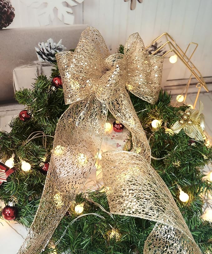 CT CRAFT LLC Sparkling Glitter Mesh Wired Ribbon 4" x 10 Yards Champagne Gold - Image 6