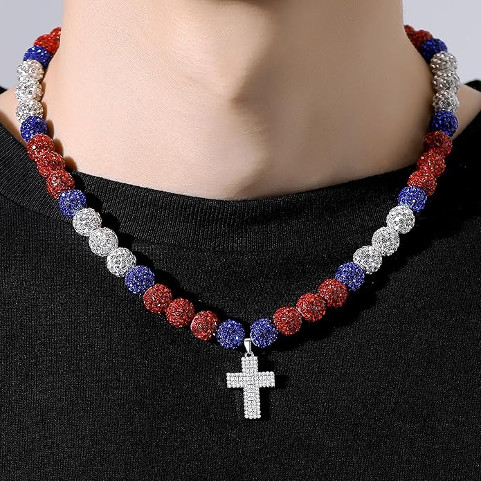 QINJIEJIE Baseball Necklace for Men Glitter Bling Rhinestone Beaded Collection Necklace for Women 16/18in Inspired Sports Jewelry Baseball Chain Cool Gifts for Baseball Players Team Lovers