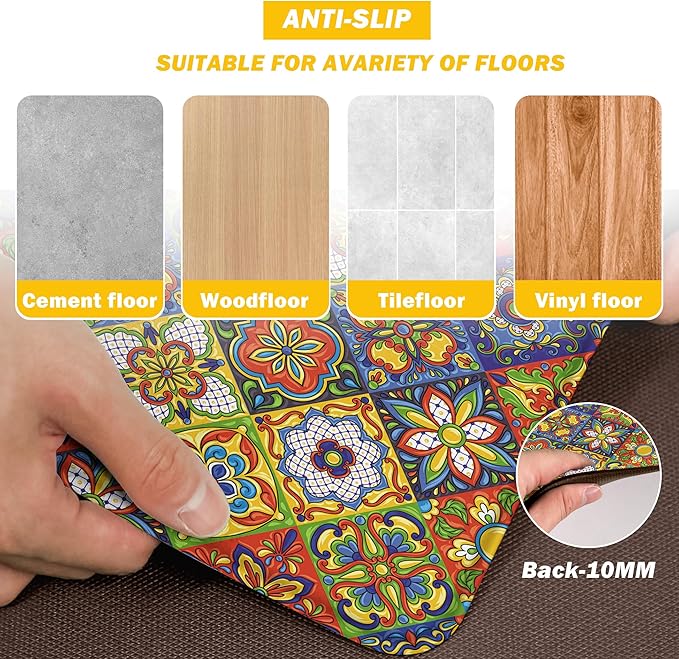 Boho Kitchen Rugs Set 2 Memory Foam Colorful Ceramic Comfort Tile Floor Mat - Image 4