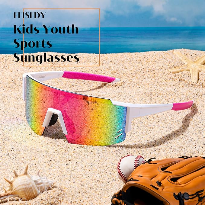 FEISEDY Kids Sunglasses Youth Baseball Sun Glasses, UV400 Sports Teens Cycling Shades for Boys Girls Age 8-16 B0048