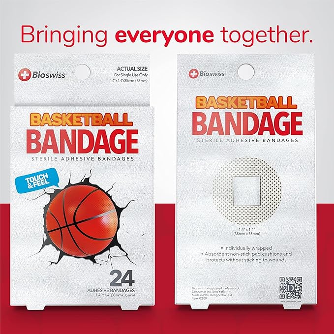 BioSwiss Bandages, Basketball Shaped Self Adhesive Bandage Set, Latex Free, Sterile Wound Care, 24 Count