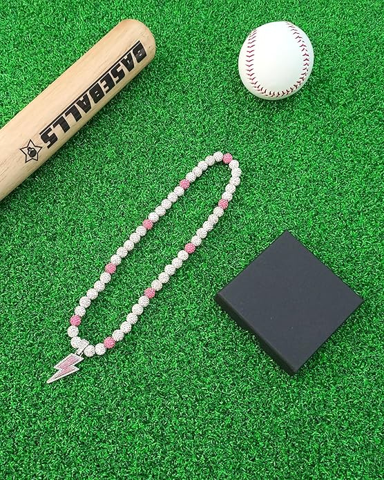 Baseball Necklace for Men 16/18/20 Inch Bling Ice Collection Lightning Bolt Pendant Necklace for Women Rhinestone Clay Beaded Discoball Accessories Gifts for Baseball Team Players Lovers