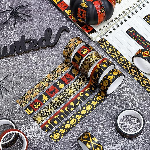Whaline 12 Rolls Halloween Washi Tapes Red Black Foil Gold Decorative Tapes - Image 5
