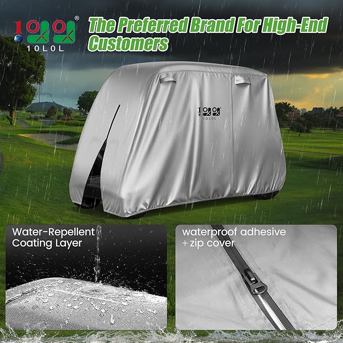 10L0L Golf Cart Cover 2/4/4+2 Passenger for Yamaha EZGO Club Car, Heavy Duty 420D Waterproof Windproof Durable Oxford Golf Cart Cover with 3 Zipper Doors for All-Weather Protection (Black/Silver)