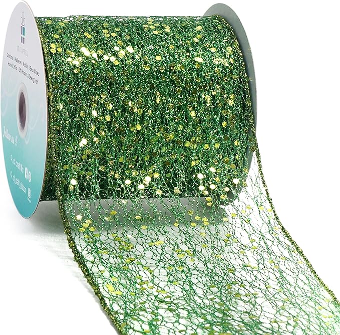 CT CRAFT LLC Sparkling Glitter Mesh Wired Ribbon 4" x 10 Yards Green by CTCRAFTLLC