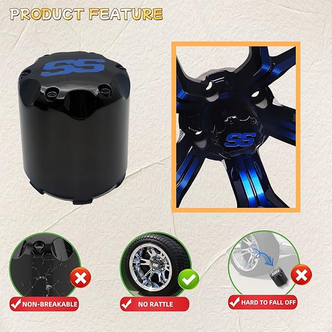 Golf Cart SS Wheel Center Cap Cover, ITP Push in Style Wheel Hub Caps for EZGO Club Car Yamaha and Other Models 8,10,12,14 inch Wheel,4 PCS (Gloss Black with Blue SS)