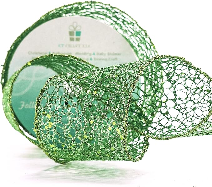 CT CRAFT LLC Sparkling Glitter Mesh Wired Ribbon 2.5" x 10 Yards Green - Image 4