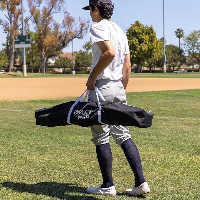 GoSports 7 ft x 7 ft Baseball & Softball Nets - Red, Black, or PRO -Practice Hitting & Pitching Net with Bow Type Frame, Carry Bag and Strike Zone, Great for All Skill Levels