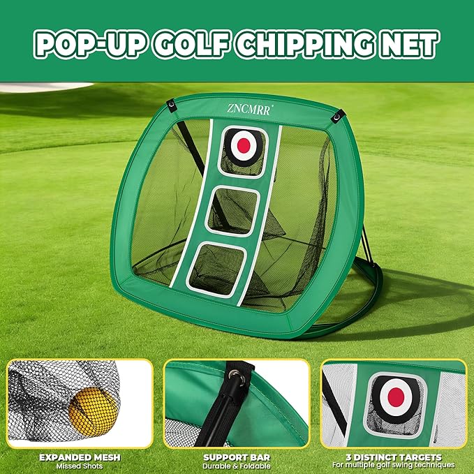 Pop Up Golf Chipping Net, Indoor/Outdoor Golfing Target Net Collapsible Portable Golf Hitting Net with 15 Training Balls and 2 Hitting Mats for Backyard Driving and Swing