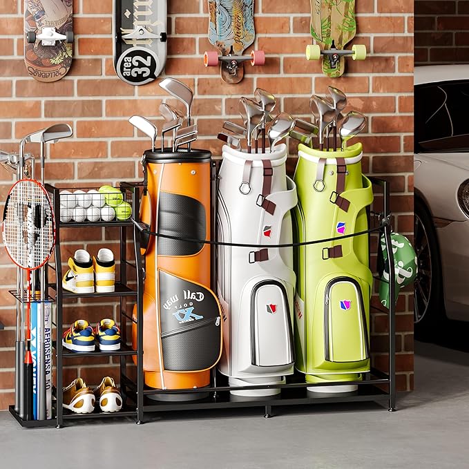 Golf Bag Stand for Golf Bag Accessories, Golf Bag Storage Organizer Fits 3 Bags for Garage Organization, Golf Organizer with Extra Storage Rack for Golf Clubs & Golf Essentials, Golf Gifts for Men