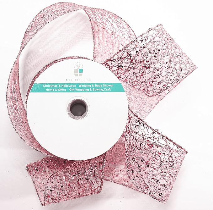 CT CRAFT LLC Sparkling Glitter Mesh Wired Ribbon 2.5" x 10 Yards Rose Gold - Image 2