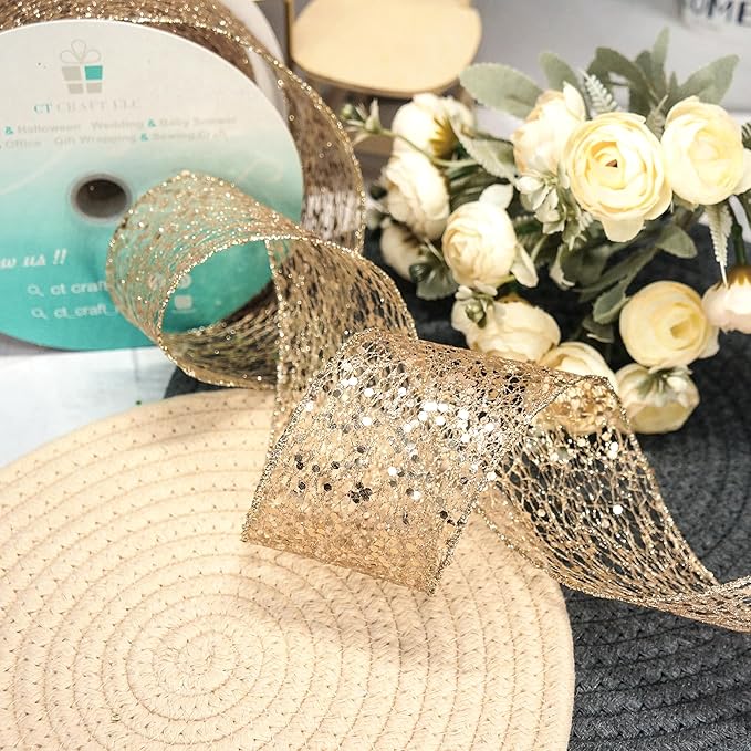 CT CRAFT LLC Sparkling Glitter Mesh Wired Ribbon 2.5" x 20 Yards Champagne Gold - Image 4