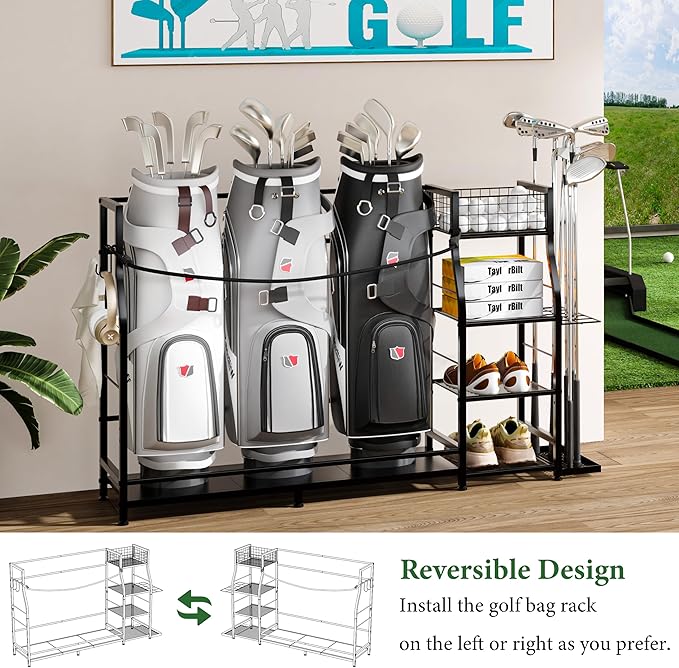 Golf Bag Stand for Golf Bag Accessories, Golf Bag Storage Organizer Fits 3 Bags for Garage Organization, Golf Organizer with Extra Storage Rack for Golf Clubs & Golf Essentials, Golf Gifts for Men