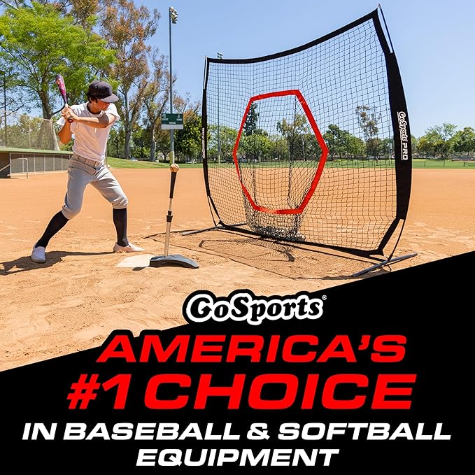 GoSports 7 ft x 7 ft Baseball & Softball Nets - Red, Black, or PRO -Practice Hitting & Pitching Net with Bow Type Frame, Carry Bag and Strike Zone, Great for All Skill Levels