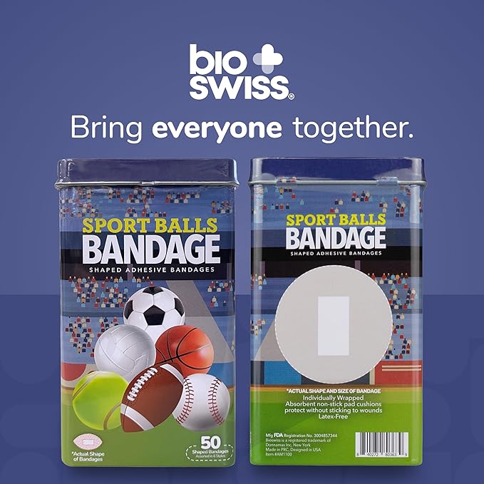BioSwiss Bandages, Sports Balls Shaped Self Adhesive Bandage Set, Latex Free, Sterile Wound Care, 50 Count