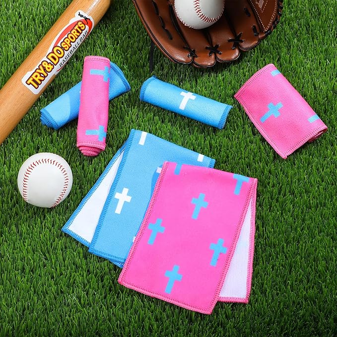 Tegeme 6 Pcs Cross Baseball Towels Cross Sports Pocket Towels 5 x 15 Inch Microfiber Sweat Sport Rags Absorbent Wipes for Players Coaches Blue Pink Set Training Workout Games Gift