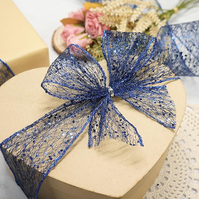 CT CRAFT LLC Sparkling Glitter Mesh Wired Ribbon 2.5" x 10 Yards Blue Navy - Image 6