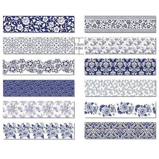12 Pcs blue and white porcelain Washi Tape Maple Leaf Print Masking Tape - Image 3