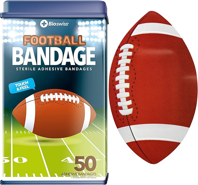 BioSwiss Bandages, Football Shaped Self Adhesive Bandage Set, Latex Free, Sterile Wound Care, 50 Count