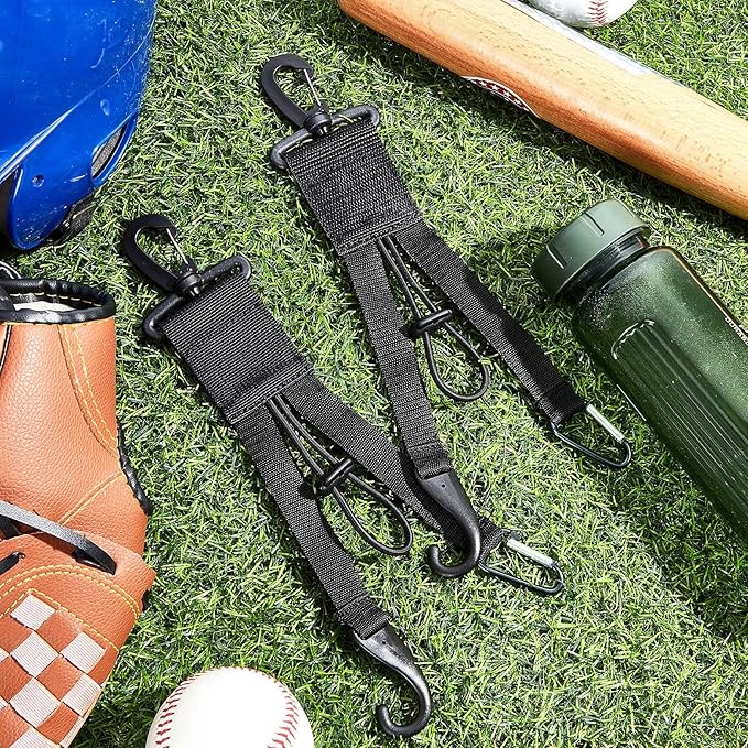 Deekin 4 Pcs Baseball Softball Gear Hanger 3 in 1 Dugout Organizer Bat Holder with Glove Clip and Helmet Hook for Fence Bag Water Bottle Hiking Camping (Black)