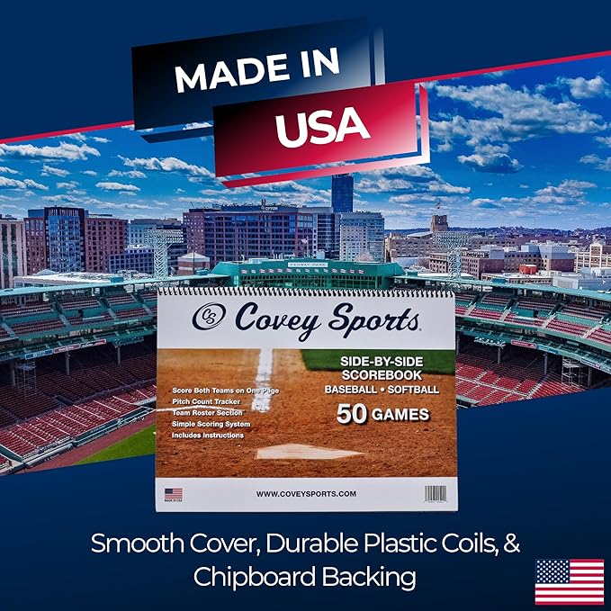 Covey Sports Premium Baseball Scorebook with 50-Game Capacity - Side-by-Side Format for Tracking Both Teams on One Page - Softball Score Keeping Book with Pitch Count Tracker