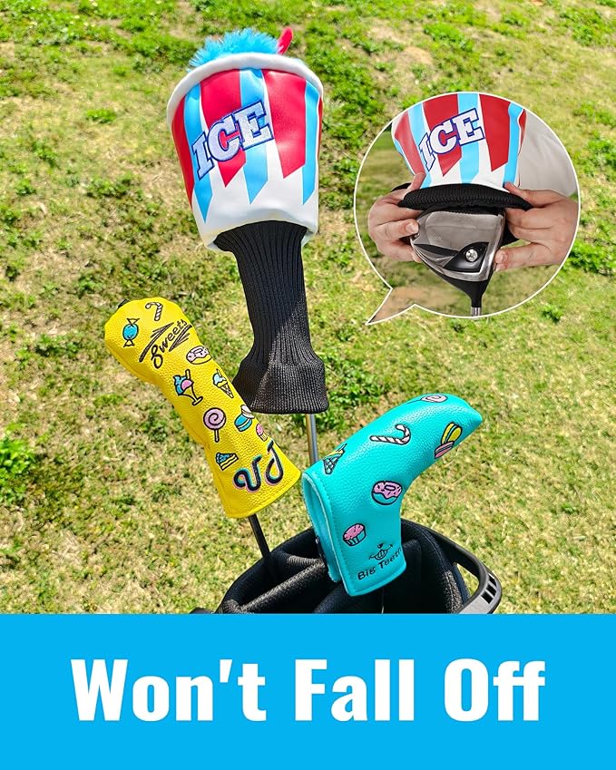 Big Teeth Funny Driver Headcover Ice & Birdiee, Driver Covers for Golf Clubs, Funny Birdie Putter Cover,Milk Shake Ice Cream Mallet Putter Cover,Blue and Red Color Golf Club Protector