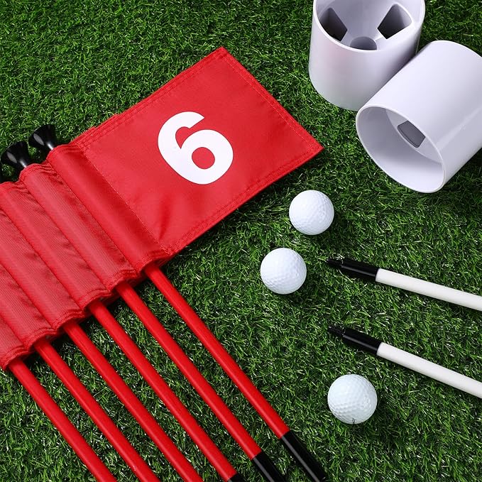 Lenwen 6 Set Golf Flagstick Golf Pin Flag Hole Cup Set Putting Green Poles Nylon Practice Portable Putting Green Gifts for Yard Backyard Garden Driving Range