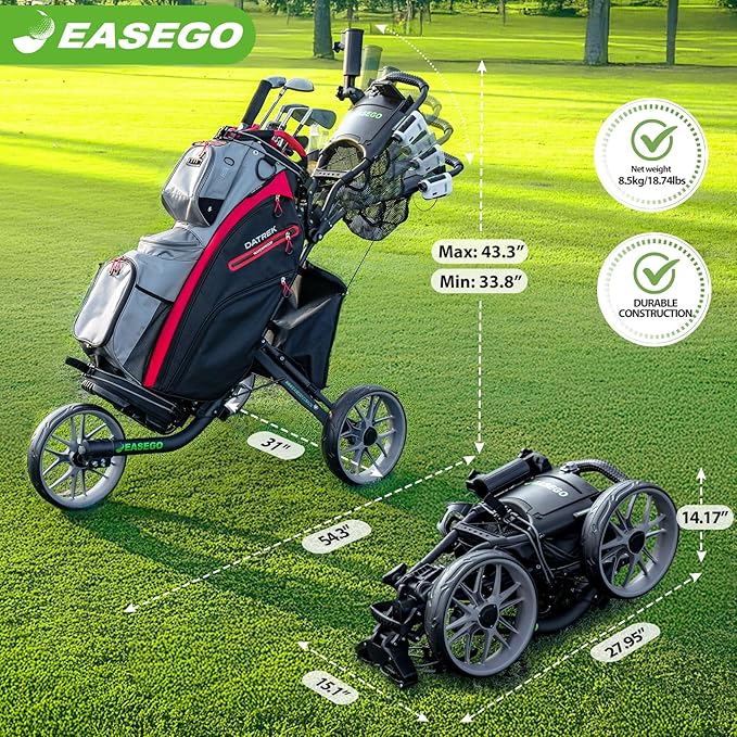 Golf Push Cart 3 Wheel : Golf Bag Cart Foldable with Phone Holder/Cup/Umbrella Holder Compact Golf Pull Carts Quick Fold Golf Caddy Push Carts with Large Wheelbase for Different Terrain