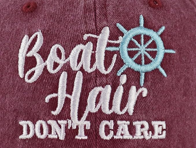 Boat Hair Don't Care Hats for Men Women, Adjustable Embroidered Cotton Washed Distressed Denim Fishing Baseball Cap