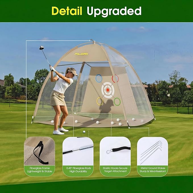FILORI Golf Practice Net 10x7FT - Golf Hitting Net with Tri-Turf Mat, 8 Balls, Tee & Carry Bag, Indoor/Outdoor Backyard Training for Driving Chipping Swing, Ideal Gifts
