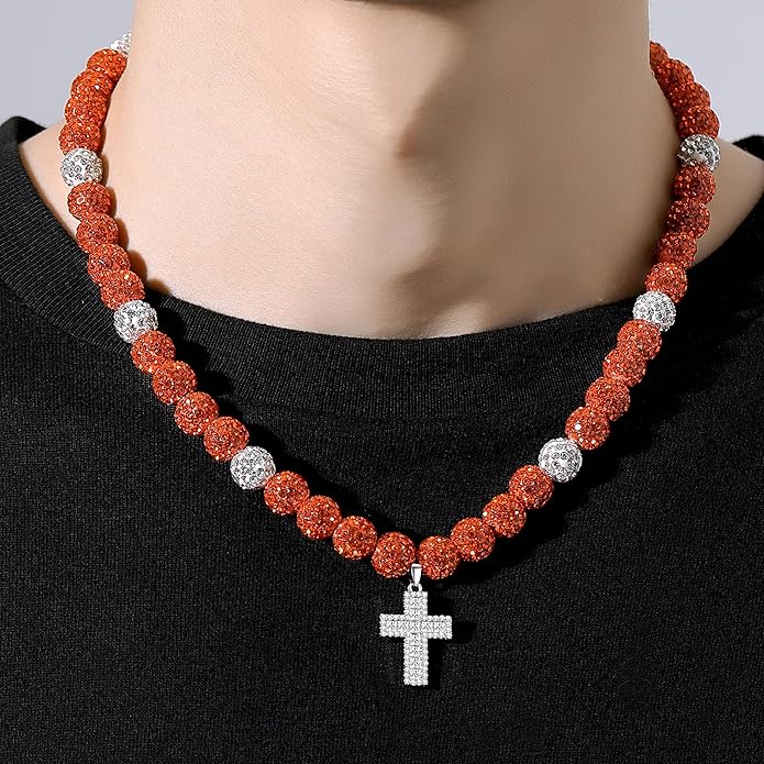 QINJIEJIE Baseball Necklace for Men Glitter Bling Rhinestone Beaded Collection Necklace for Women 16/18in Inspired Sports Jewelry Baseball Chain Cool Gifts for Baseball Players Team Lovers