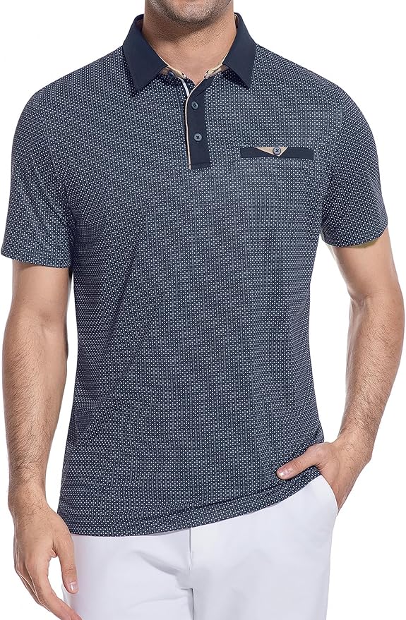 Esabel.C Men's Golf Polo Shirts Print Moisture Wicking Short Sleeve Dry Fit Stretch Polo Shirts for Men with Faux Pocket