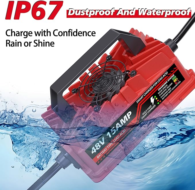 15 Amp 48 Volt Golf Cart Battery Charger for Yamaha G29 Drive & Drive 2-3-Pin Leaf Plug, Smart Charger for Lead-Acid Batteries, IP67 Waterproof, Multi-Protection, Unique Design (Red)