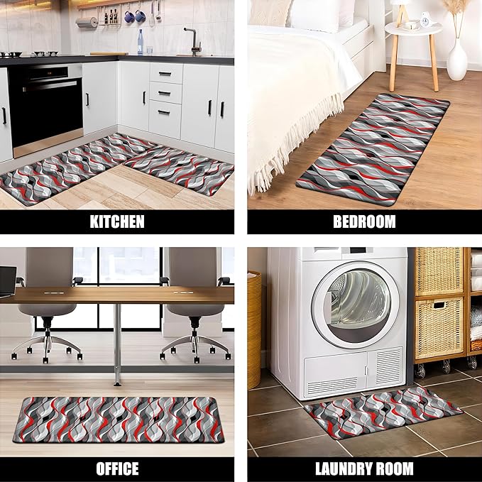 Kitchen Mats for Floor Modern Abstract kitchen rugs Grey and Red Stripe Anti - Image 6