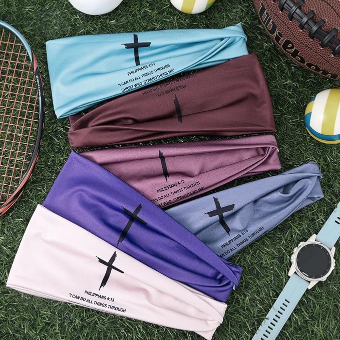 6 PCS Christian Headbands for Men Women Jesus Faith Cross Athletic Sweatbands Moisture Wicking Twist Knotted Criss Cross Hair Bands with Bible Verse Religious for Sports Workout Football Baseball